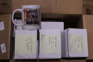 A box full of new assorted coffee mugs, shipping unavailable