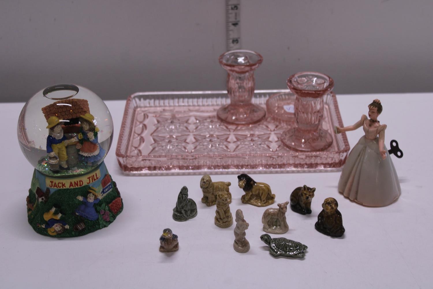 A vintage pink glass dressing table set and other collectables including whimsies etc