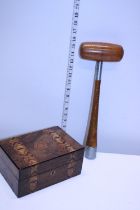 A vintage inlaid wooden box with tray and wooden mallet