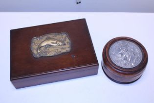 Two treen wooden boxes with decoration to top