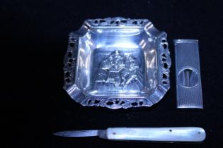 A 925 silver ashtray and a hallmarked silver cigar cutter with a small fruit knife
