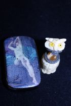 A antique Papier Mache snuff box along with a carved owl form snuff box