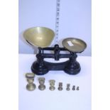 A pair of vintage scales and brass weights, shipping unavailable