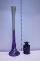 A large purple and green fluted vase h79cm and a Dartington vase, shipping unavailable