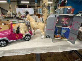 A selection of Our Generation toys jeep, Doll, horse box and horse. Collection only