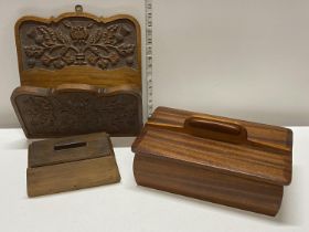 A vintage Scottish themed carved letter rack with a sewing box and one other wooden box