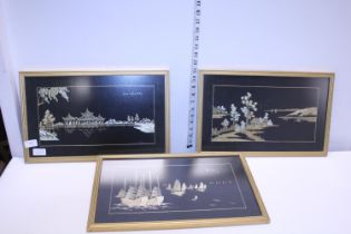 Three framed Oriental pieces of artwork, shipping unavailable