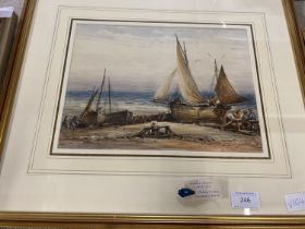 A framed watercolour by James Orrock 1829-1919 'Fishing Boats on Worthing Beach'