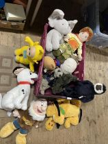 A box of soft toys including Teletubbies and Disney.