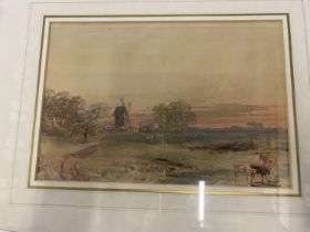 A framed watercolour entitled 'Cattle watering at sunset' by Charles Davidson 1824-1902