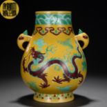 A Chinese Famille Verte Biscuit Dragon Zun Vase