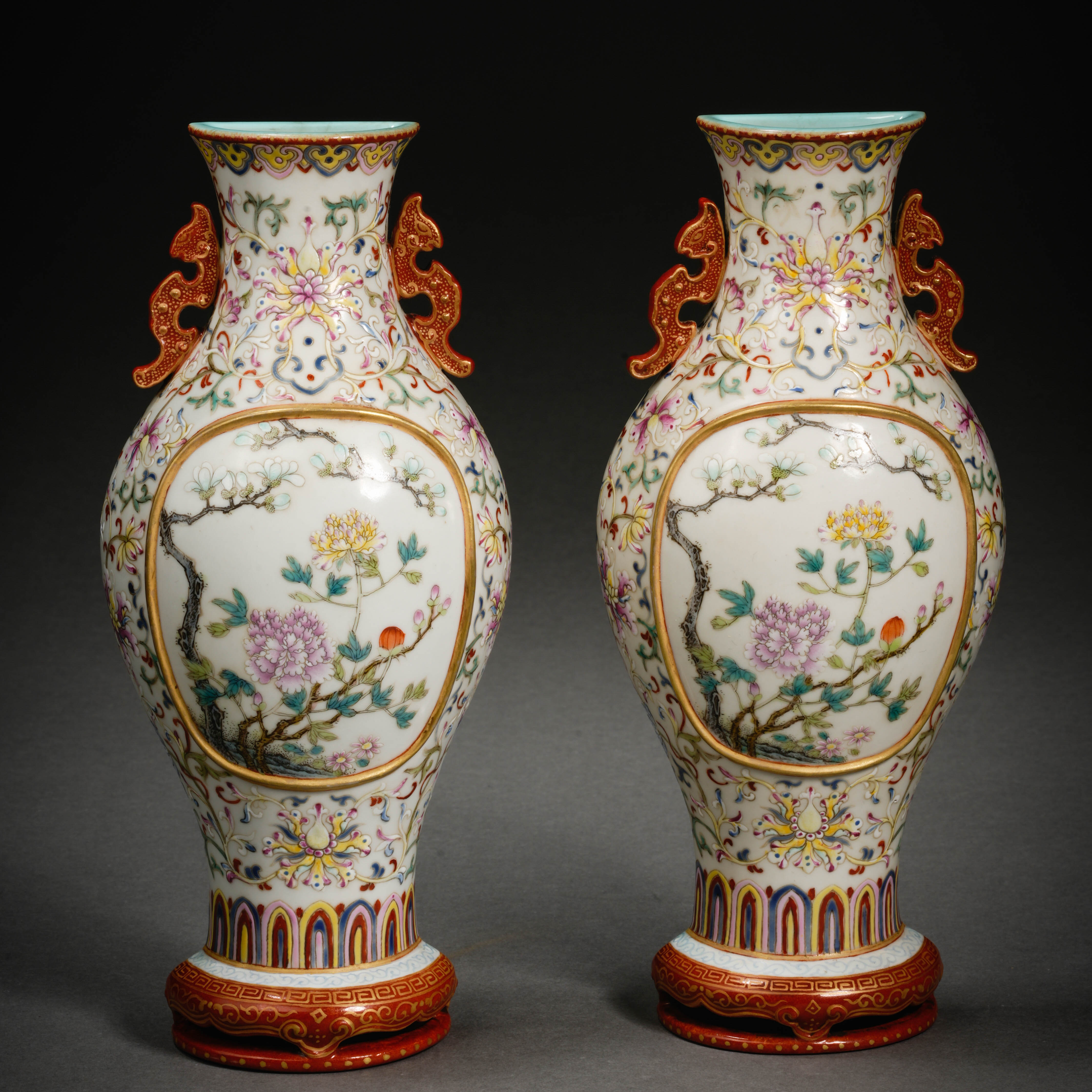 Pair Chinese Famille rose and Gilt Wall Vases - Image 2 of 12