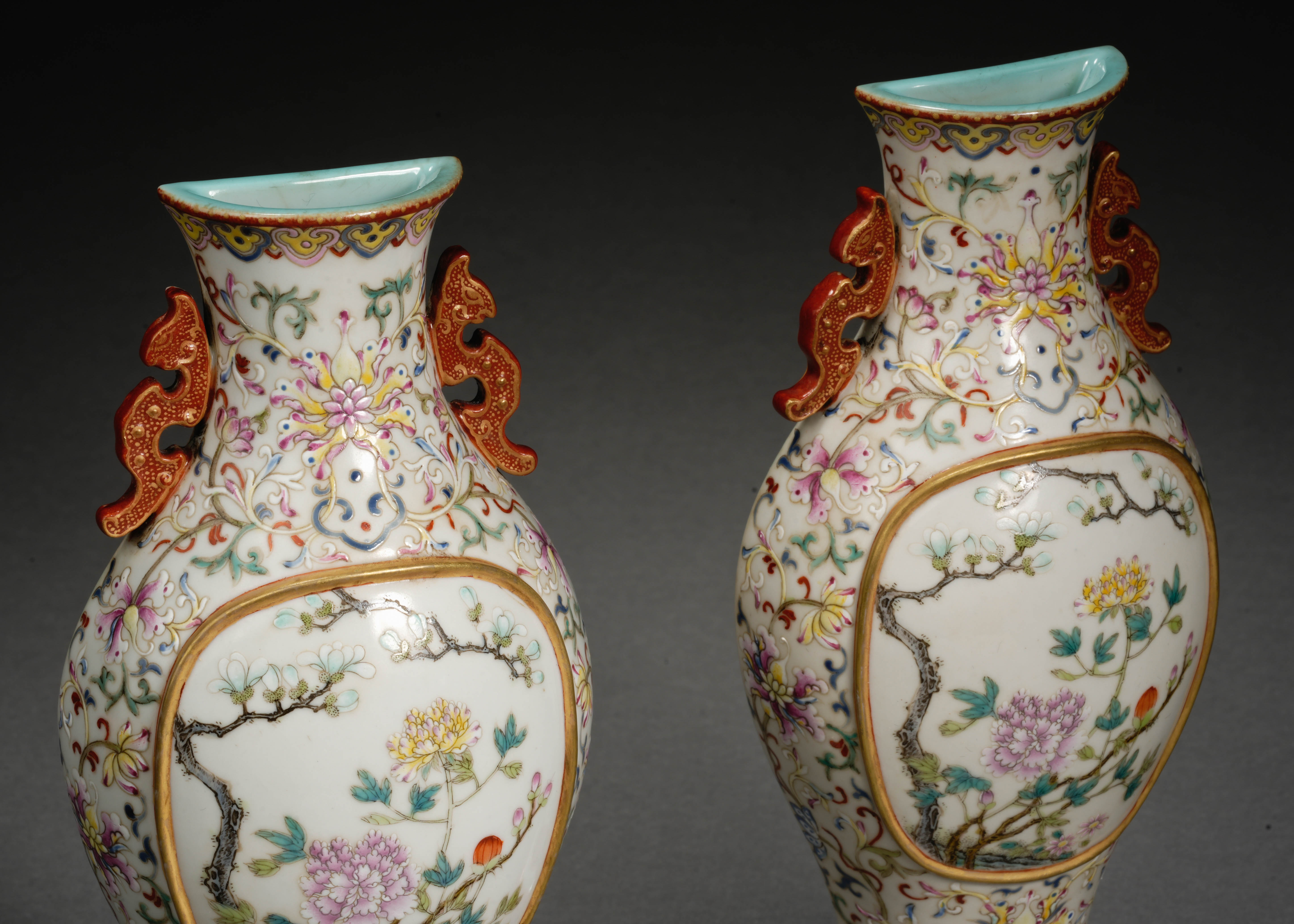 Pair Chinese Famille rose and Gilt Wall Vases - Image 4 of 12