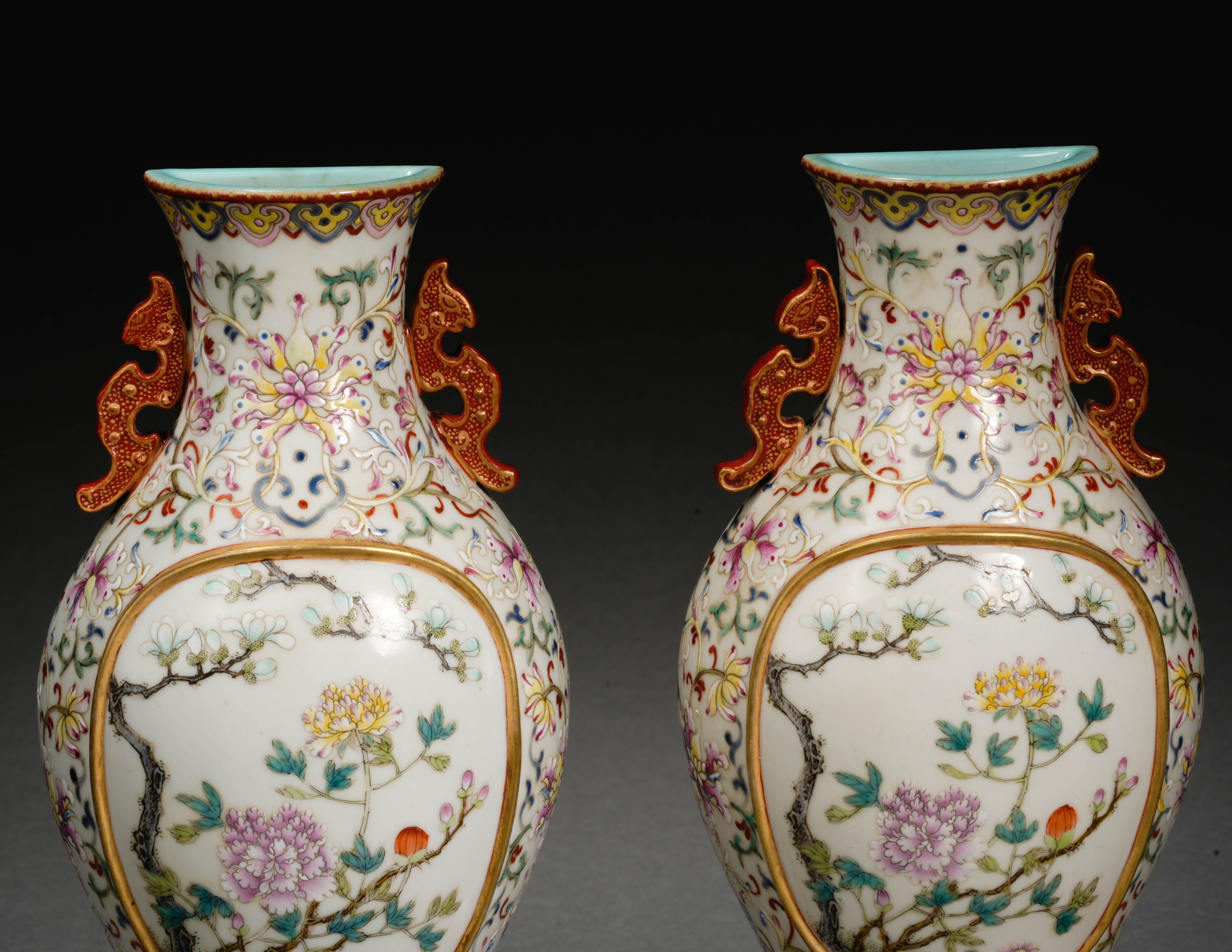 Pair Chinese Famille rose and Gilt Wall Vases - Image 3 of 12