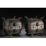 Pair Chinese Gold and Silver Decorated Bronze Vessels Ding