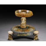 A Chinese Gold and Silver Inlaid Jade Decorated Lamp-holder