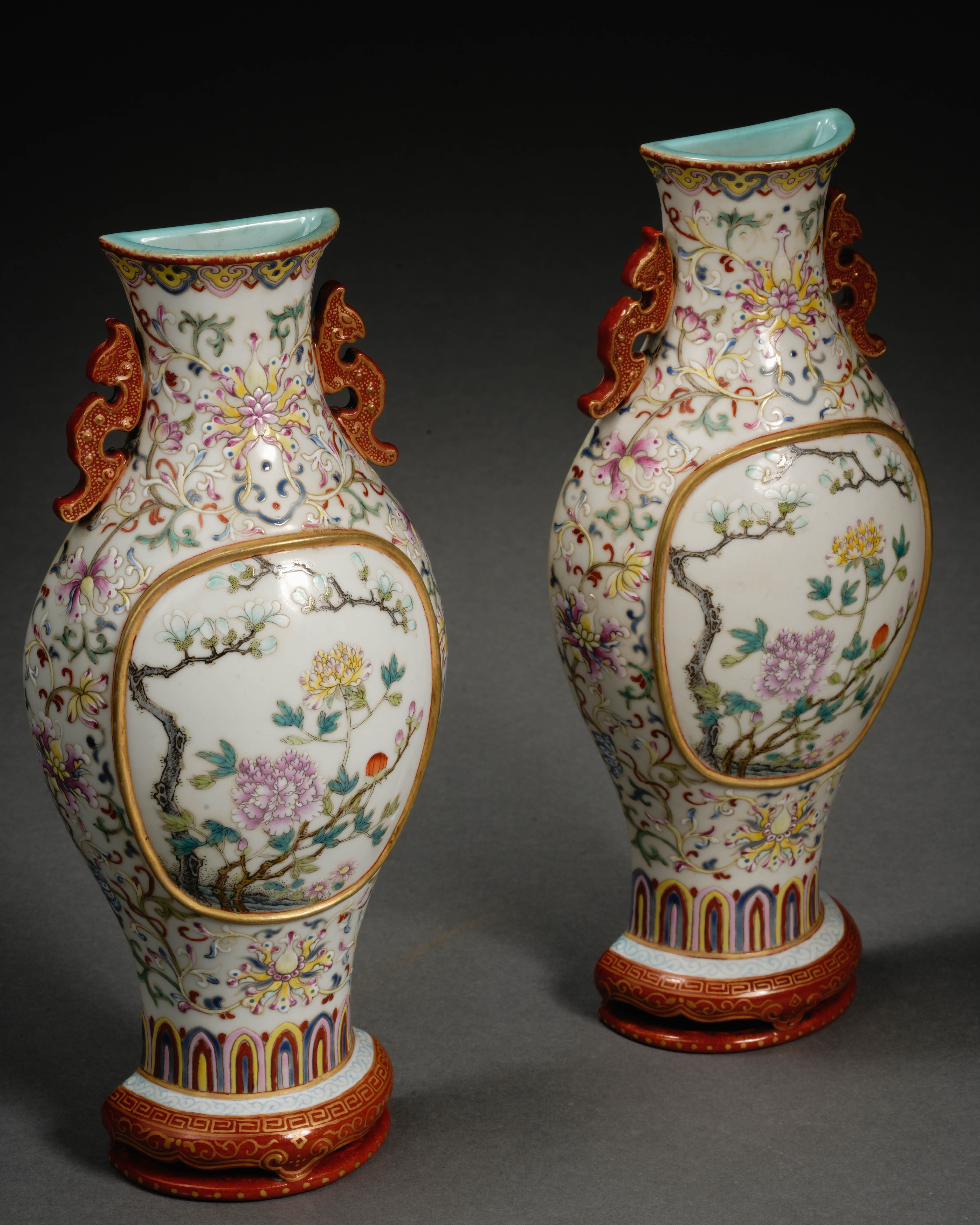 Pair Chinese Famille rose and Gilt Wall Vases - Image 5 of 12