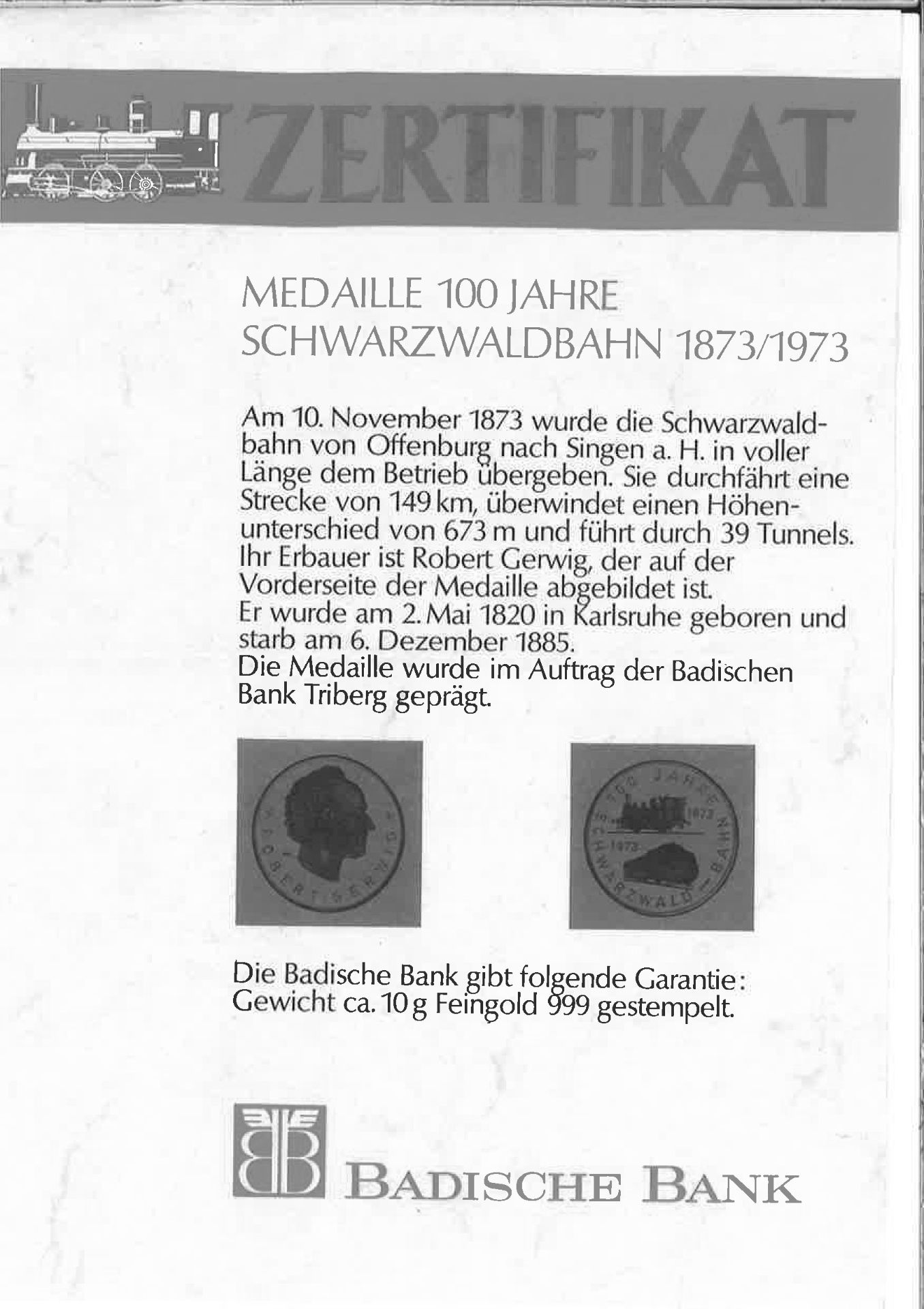 Goldene Medaille 100 Jahre Schwarzwaldbahn 1873 - 1973. - Image 2 of 2