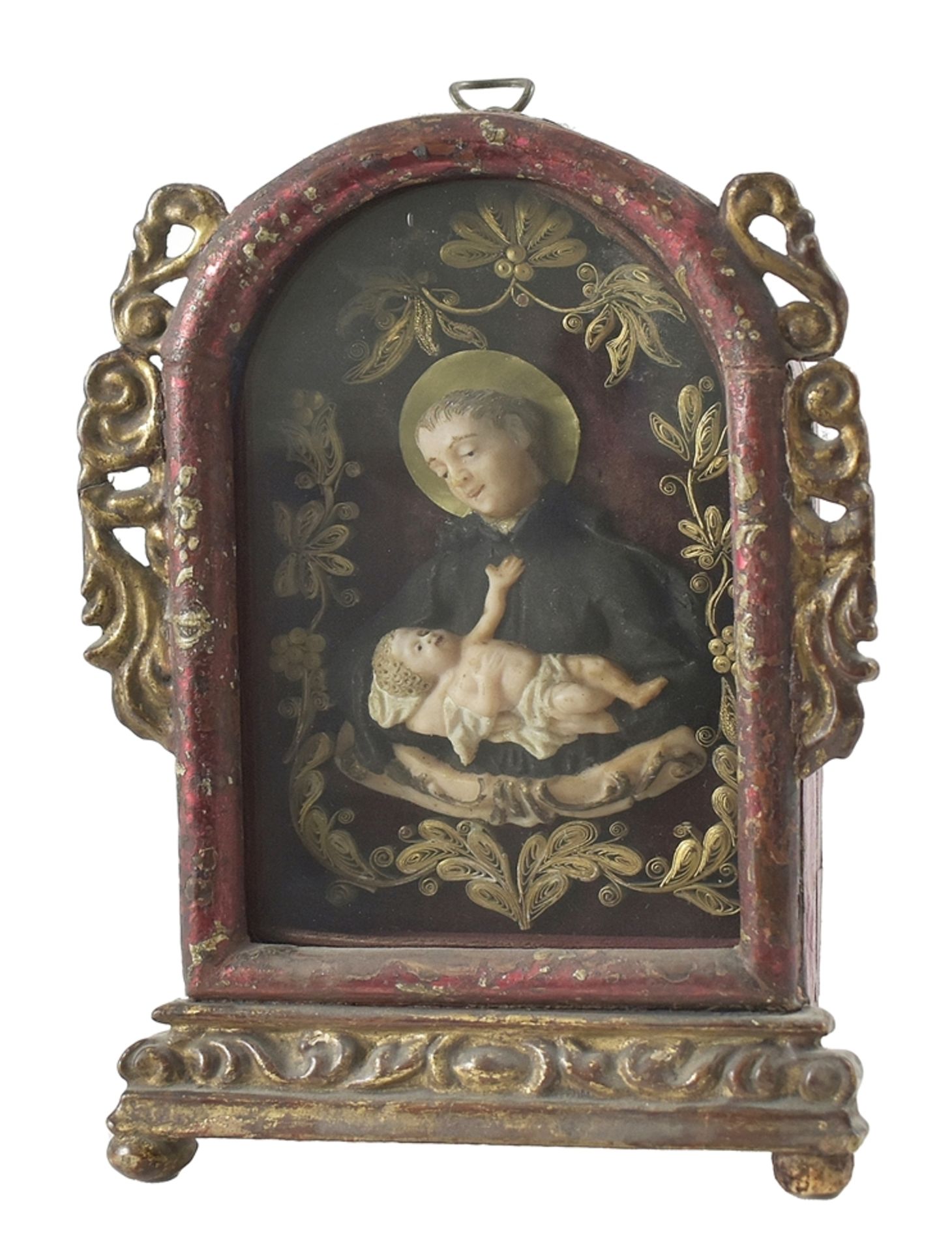 Hl. Franziskus mit Jesuskind. Wachsarbeit in verglastem Schrein. Anf. 19. Jh. H 24 cm Sammlung Bühl