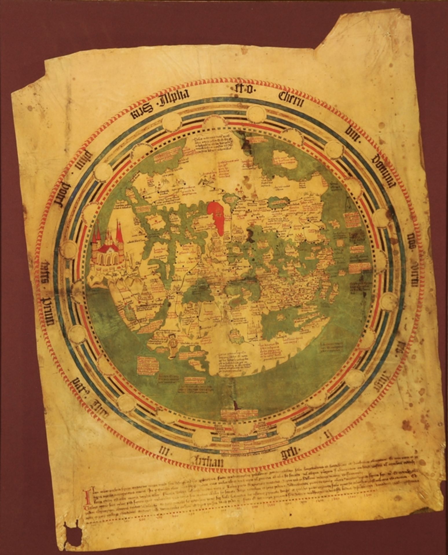 Weltkarte. Ptolemäische Karte. Replik nach einer Karte im Vatikan. Ca. 75 x 60 cm, Gl.u.R
