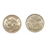 Goldmünze Schweiz. 20 Franken, 1912 B