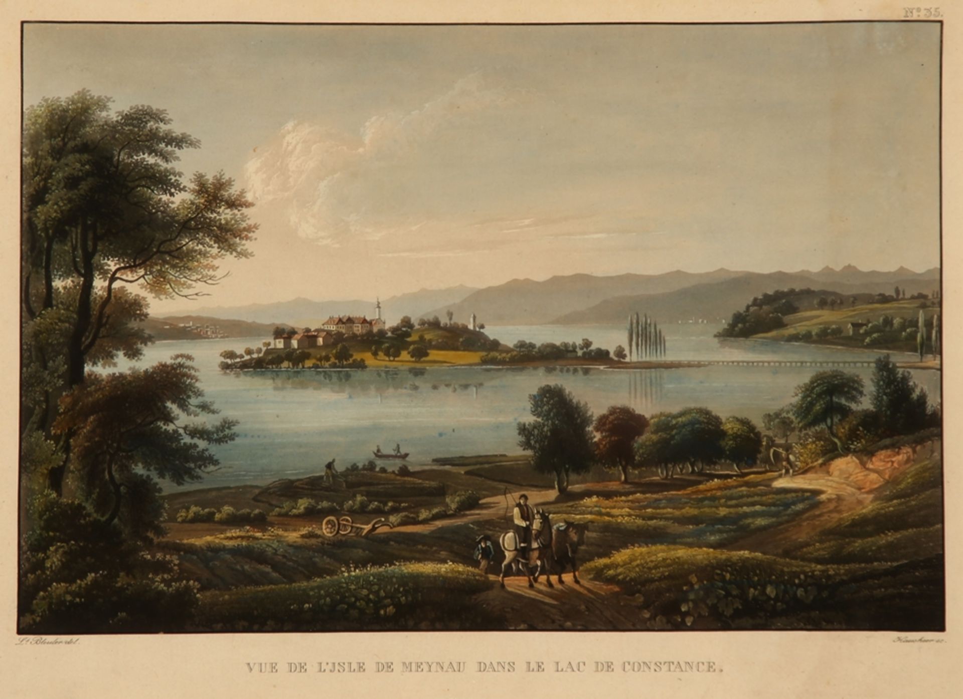 Mainau. 'Vue de L'isle de Meynau dans le lac de Constance'. Farbaquatinta von Louis Bleuler. Anf.