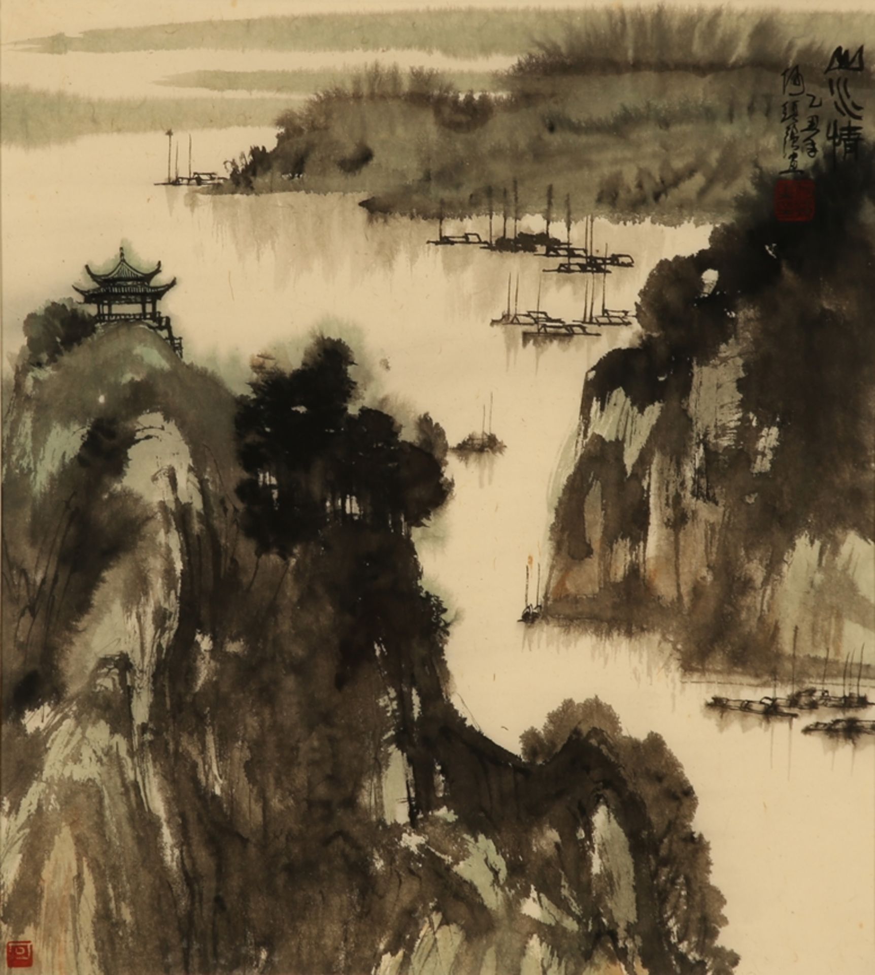 Zhen Quiang. Küstenlandschaft mit Booten und Pagode. Tuschemalerei. China, 20. Jh. 49 x 43 cm. Gl.u