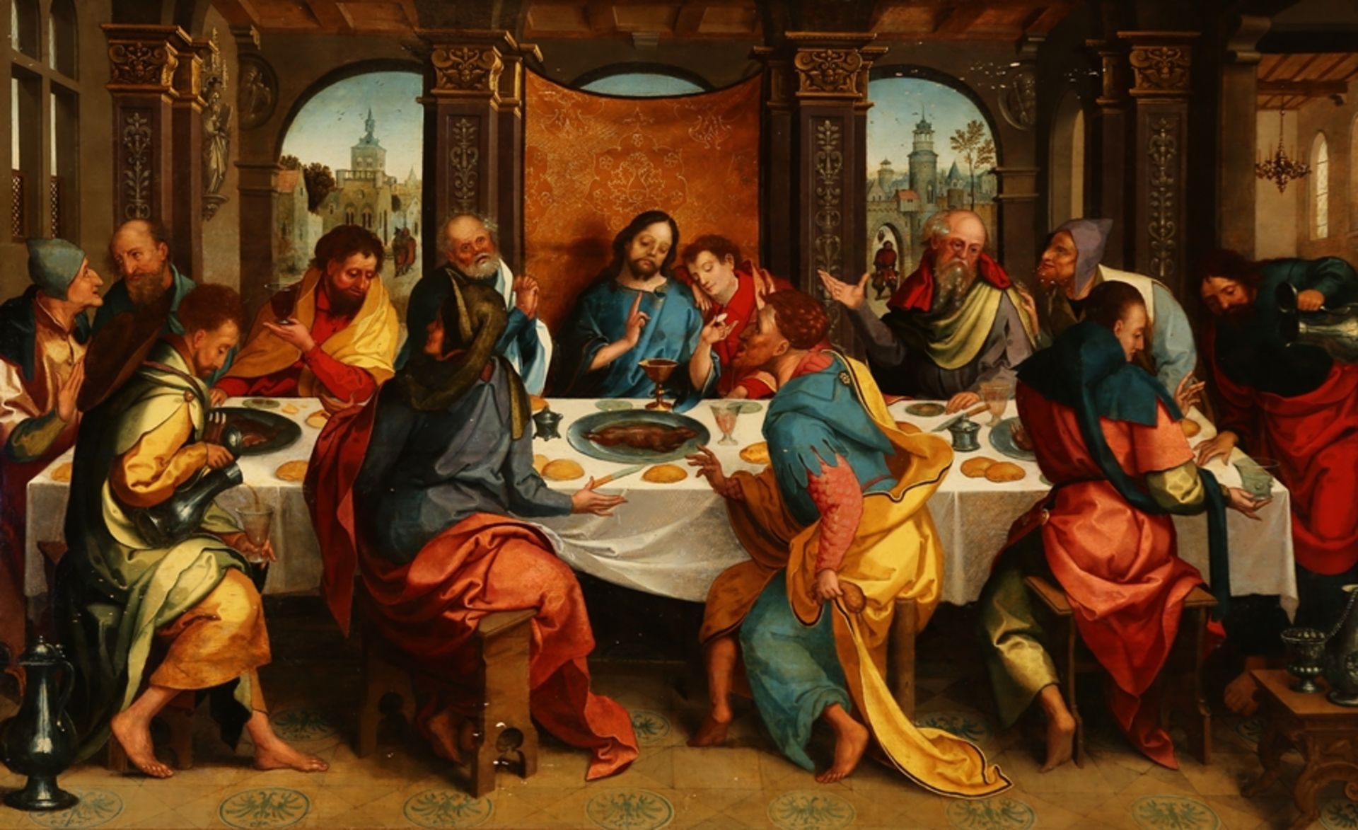 Antwerpener Manierist um 1530. Das letzte Abendmahl. In einer Halle mit Arkadenbogen, durch die sic