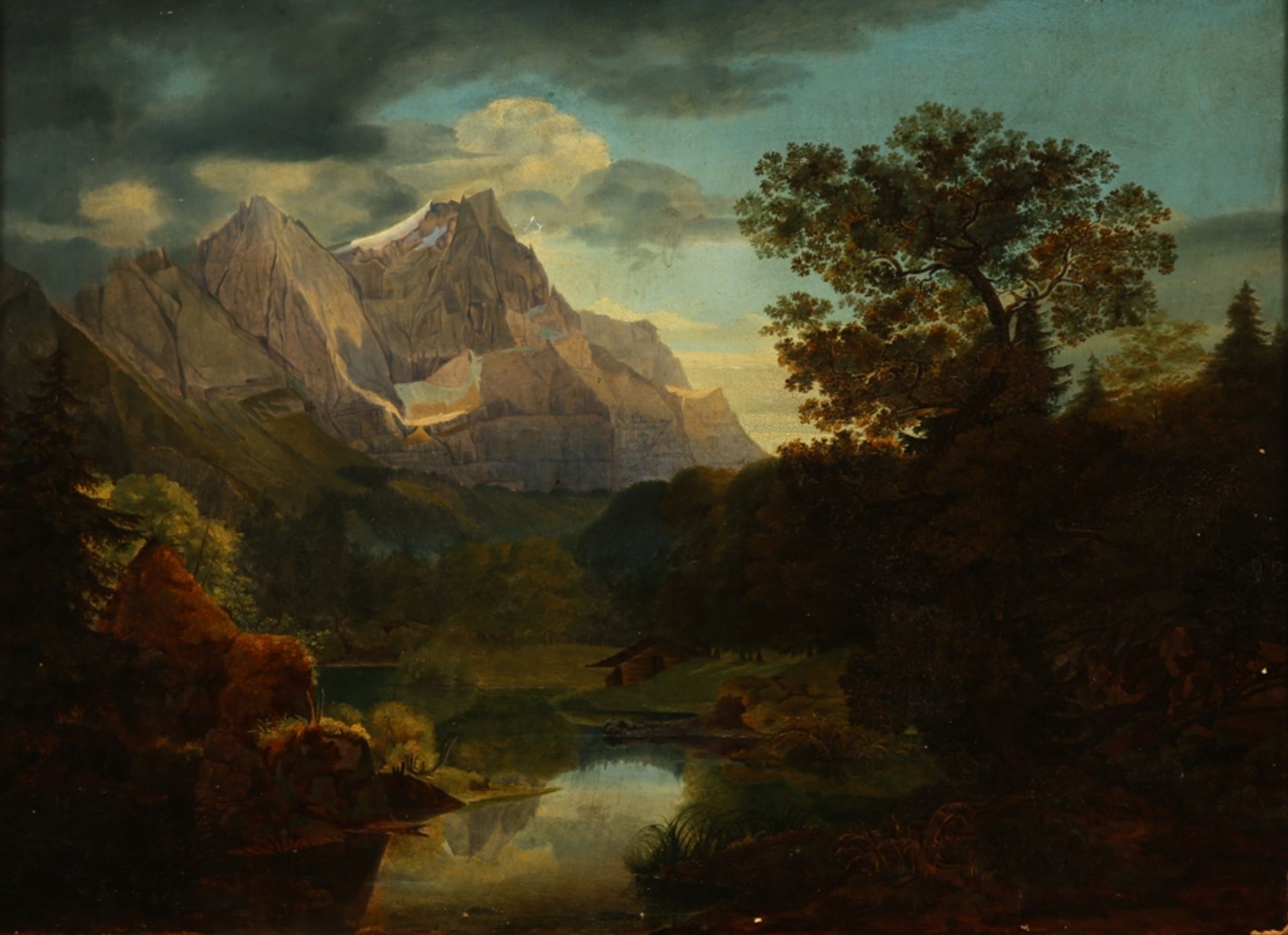 Deutscher Landschafter des frühen 19. Jh. Verso. beschr. Zugspitze mit Eibsee. Aufragendes Hochgebi