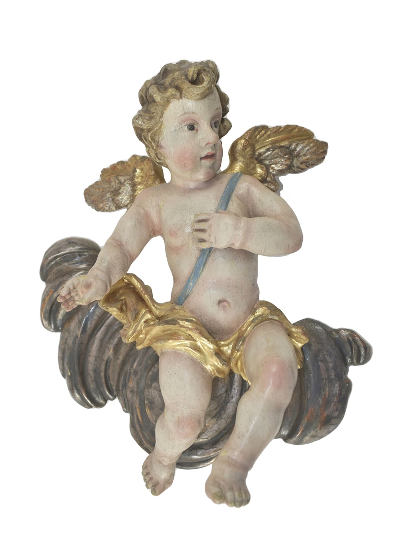 Geflügelter Putto auf Wolke. Lindenholz polychrom gefasst, vergoldet und versilbert. Süddeutsch 18.