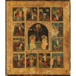 Festtagsikone. Mittig der auferstehende Christus, umgeben von zwölf Szenen aus seinem Leben. Russla