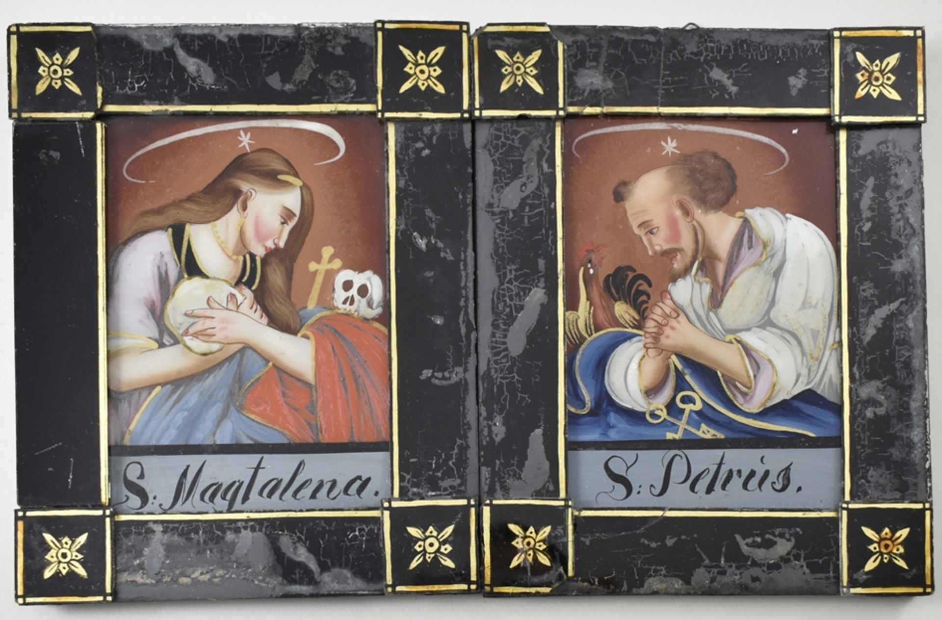 Petrus und Magdalena als Pendantbilder. Hinterglasmalerei. Süddeutsch/Oberammergau, 19. Jh. Jew. 16