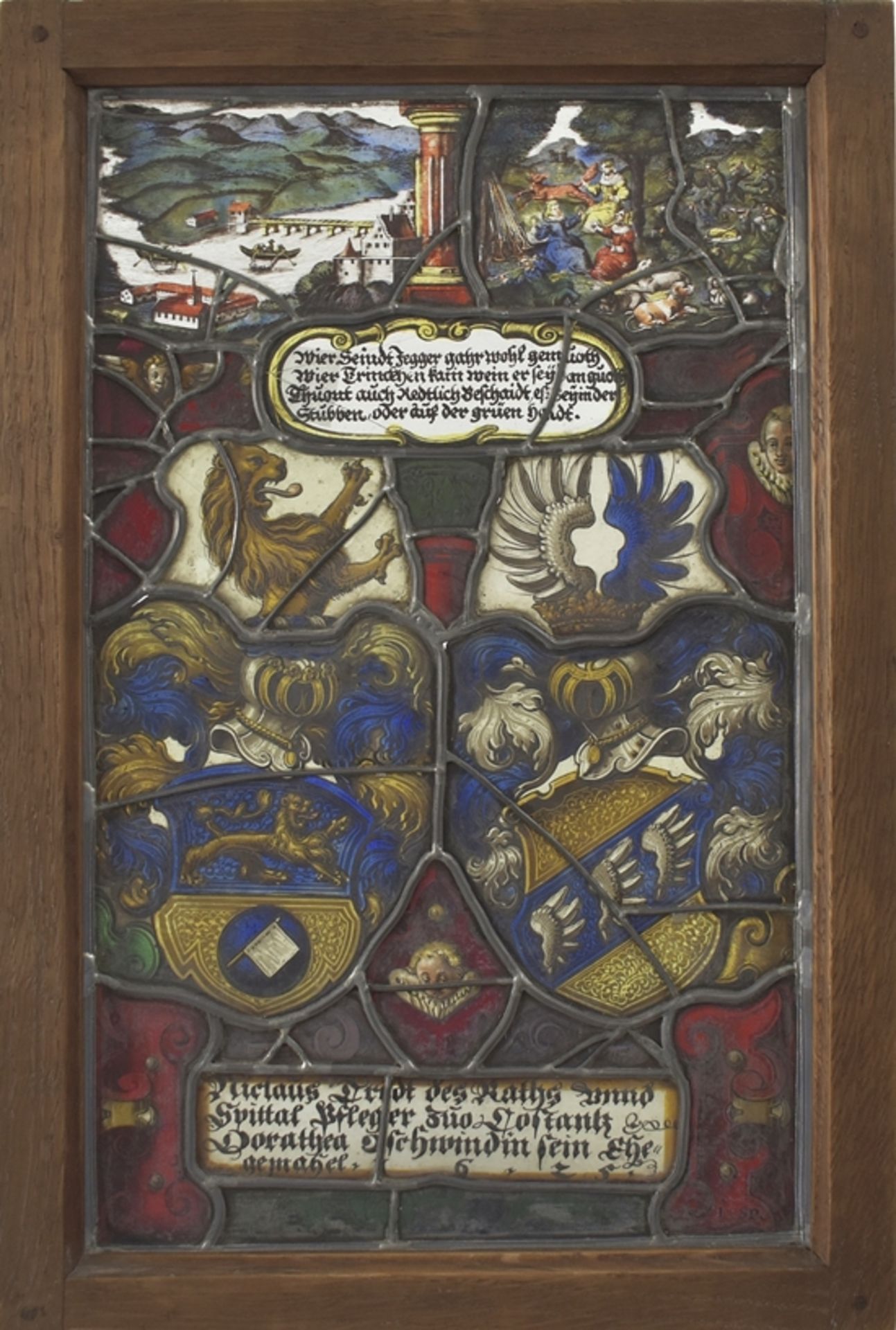 Museales Konstanzer Glasgemälde 1625. Wappen des 'Niclaus Tritt des Raths und Spittal Pfleger zu Co