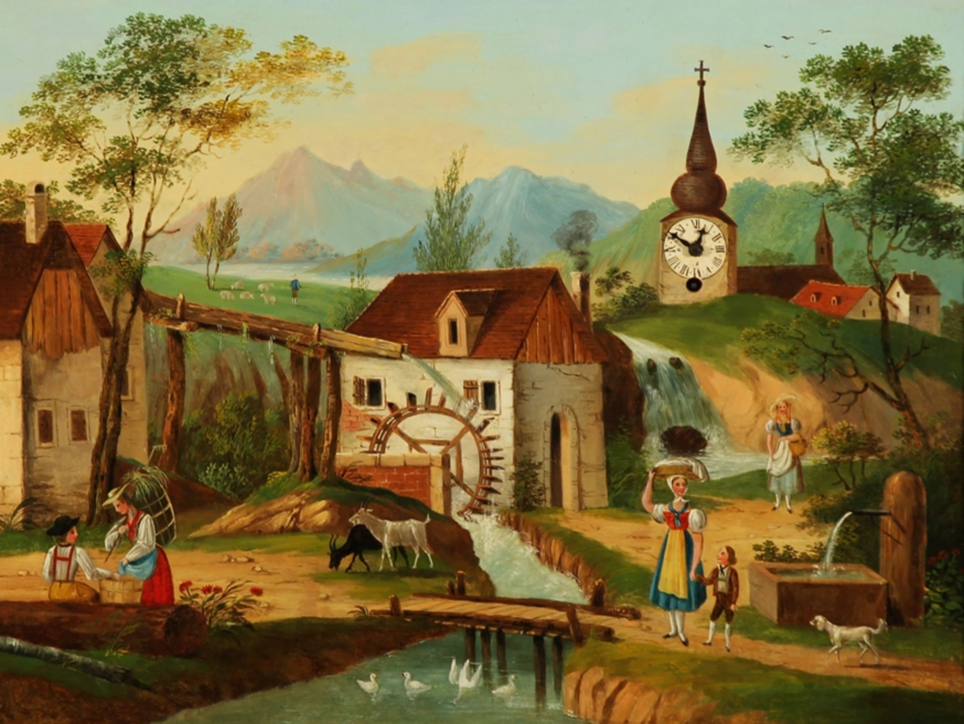 Bilderuhr mit Musikwerk. Ansicht einer alten Mühle und Kirchdorf vor Alpenhintergrund. Uhrwerk im K - Image 2 of 2