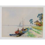 Lela Maiser. Malerin des 20. Jh. Sign. Flusslandschaft mit angelegten Booten. Pastell. 21 x 29 cm.