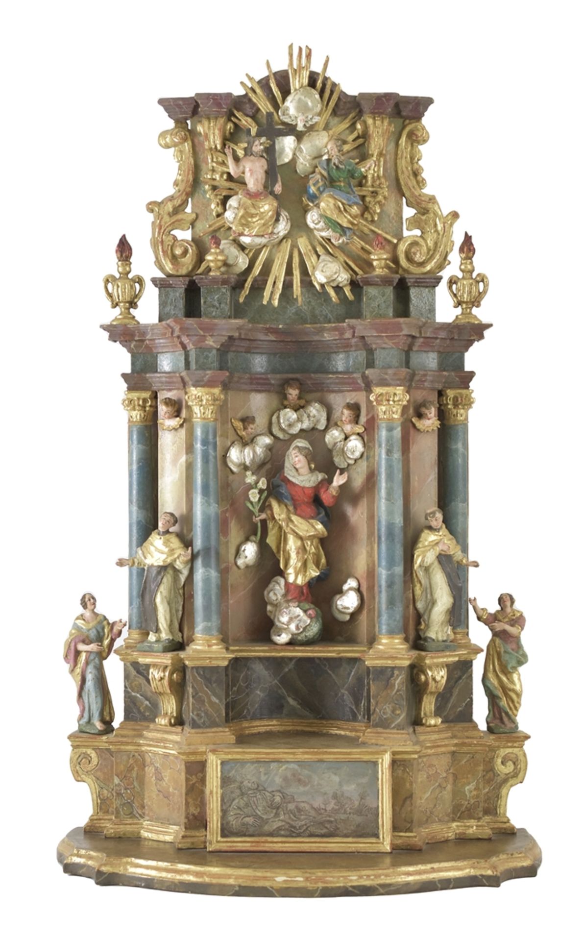 Modellaltar. Auf gegliedertem Sockel mit Antependium und Darstellung des hl. Franz Xaver. Zwei Säul