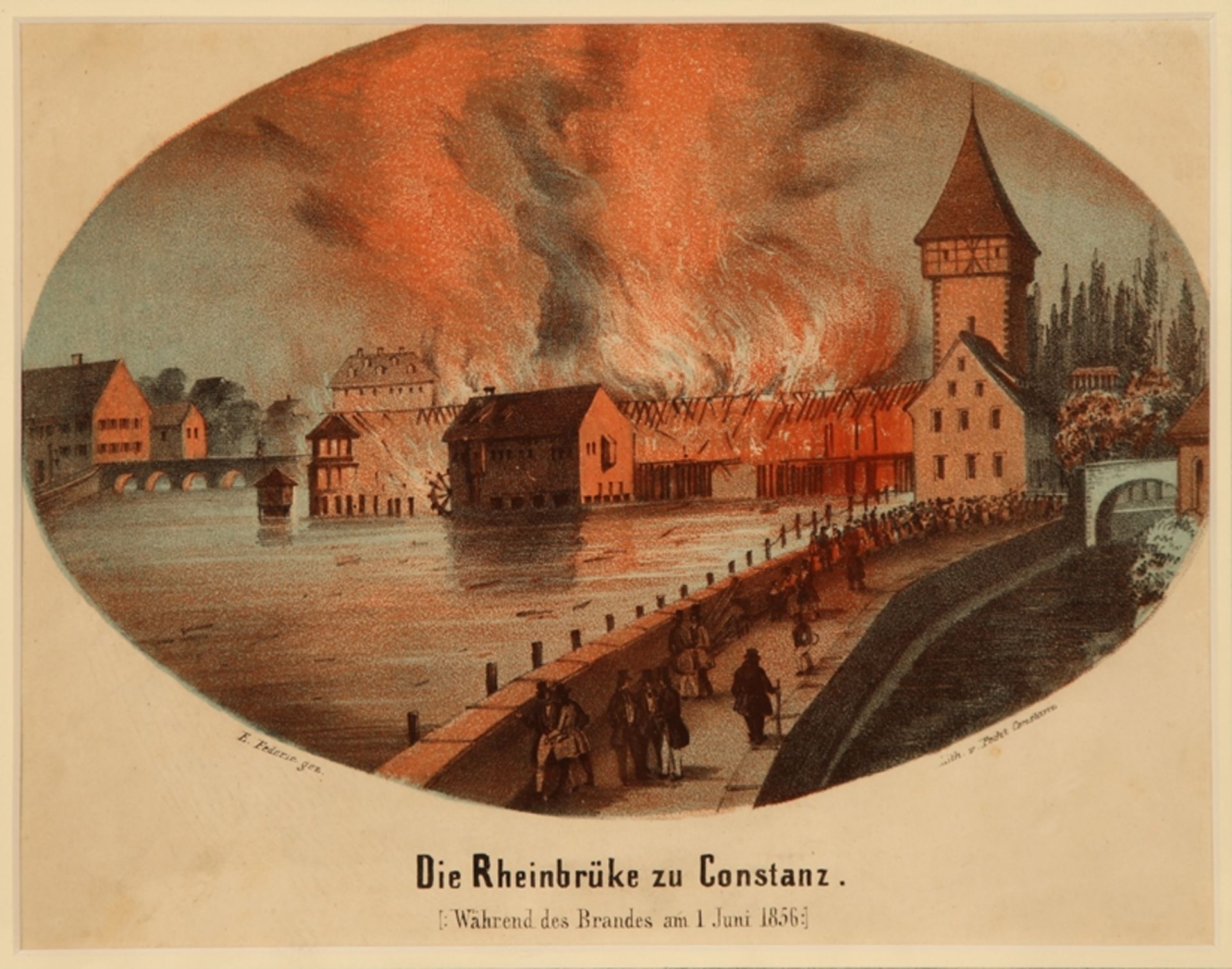 Konstanz. Die Rheinbücke zu Constanz. (Während des Brandes am 1. Juni 1856). Farblitho von Pecht na