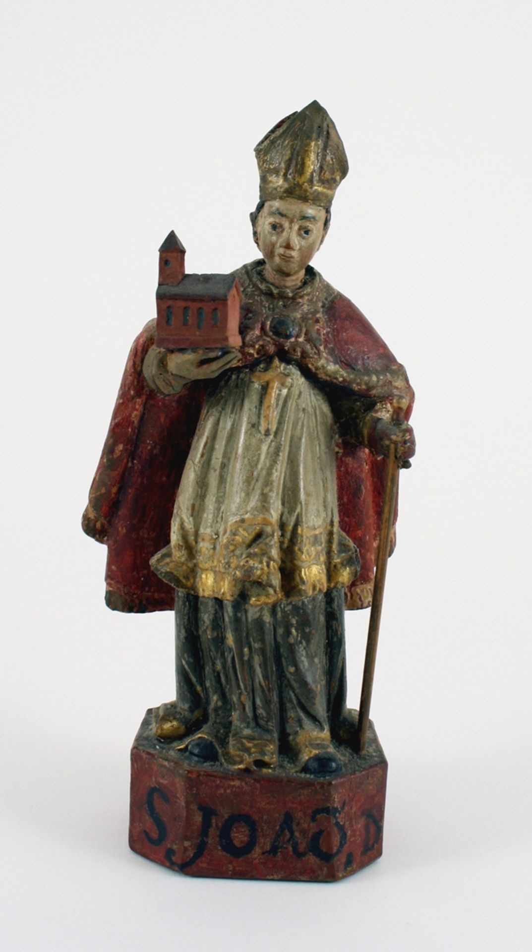 Hl. Bischof mit Kirchenmodell. Holz polychrom gefasst. 18. Jh. H 21 cm, Sammlung Bühl Konstanz