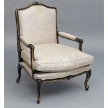 Barocker Bergère-Sessel. Schwarz und golden gefasst. Gepolstert und bezogen. 19. Jh. H 98 (48) cm