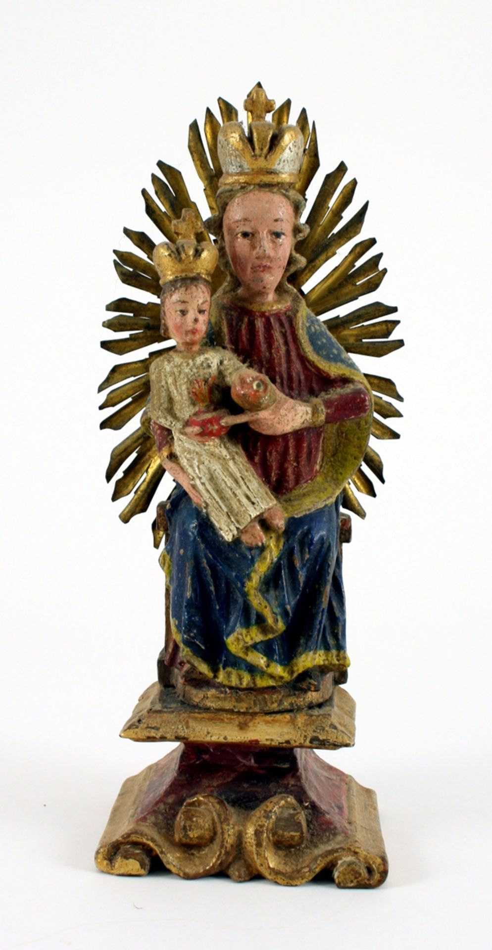 Wallfahrtsmadonna. Auf Volutensockel. Holz polychrom gefasst. Österreich/Böhmen 18. Jh., H 25 cm, S