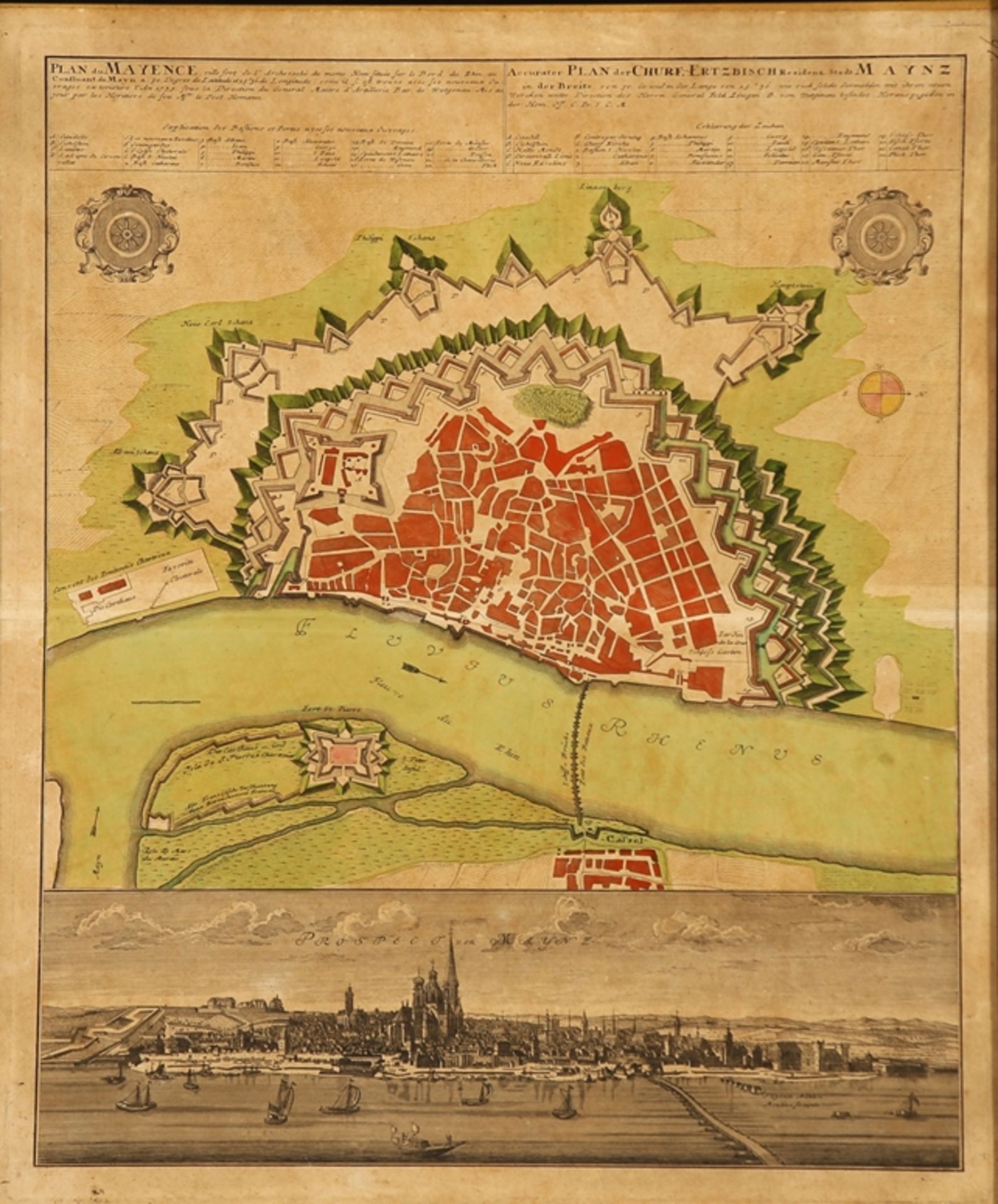 Mainz. Plan von Maynz von 1735. Stadtplan aus der Vogelschau sowie Gesamtansicht. Kupferstich von H