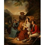 Englischer Maler um 1835. Landpartie in den schottischen Highlands. Junge Dame im weißen Kleid mit