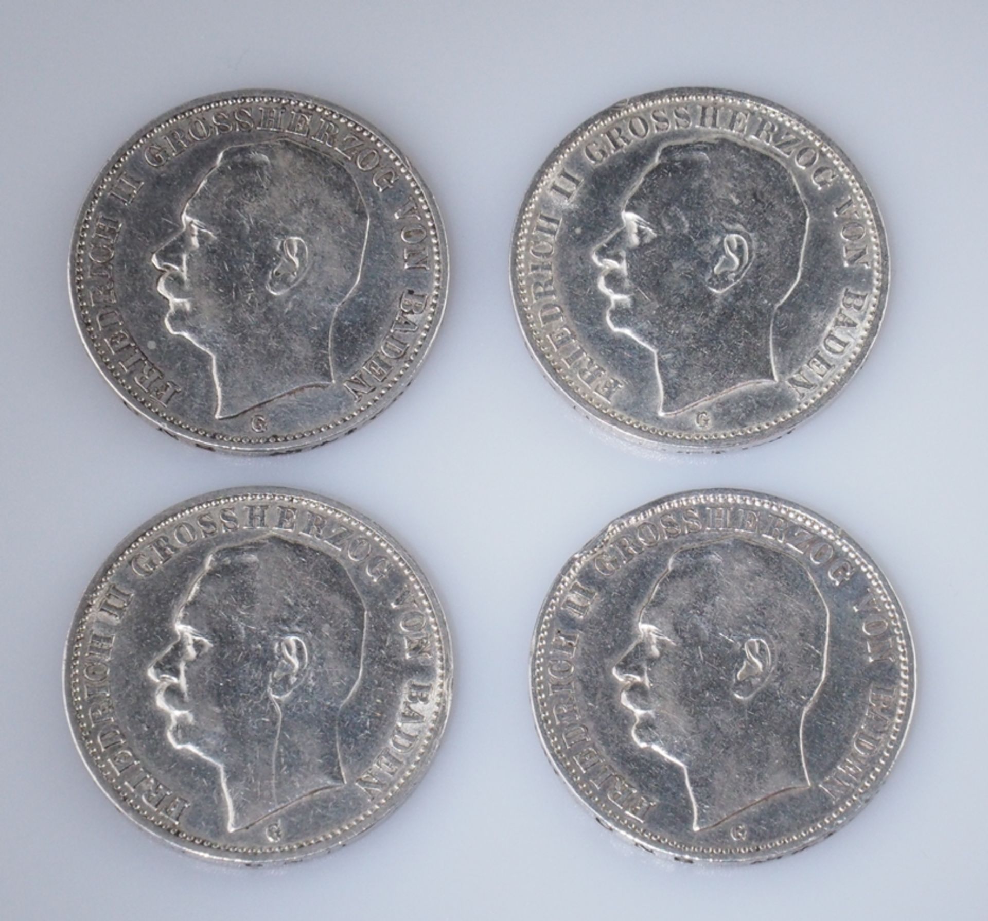 Baden. Drei Mark. Vier Münzen 1908/1909/1910/1911. J 39