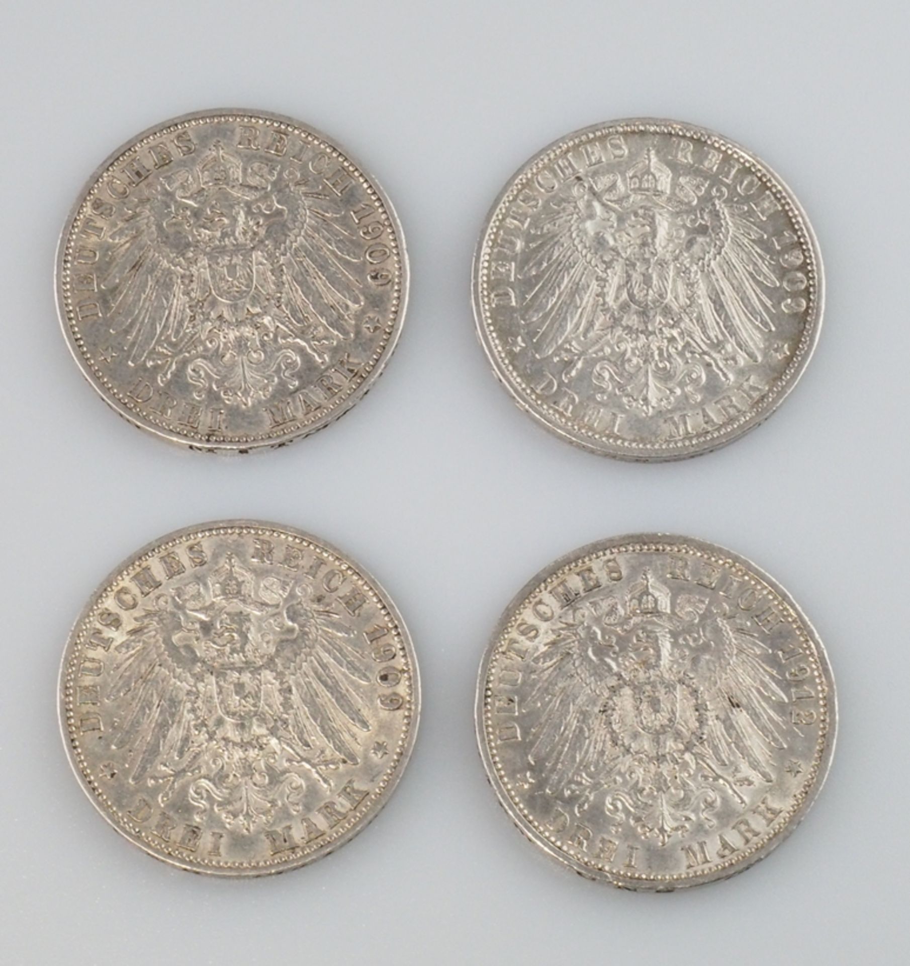 Württemberg. Drei Mark. Vier Münzen. Drei Stück 1909 und ein Stück 1912. J 175 - Image 2 of 2