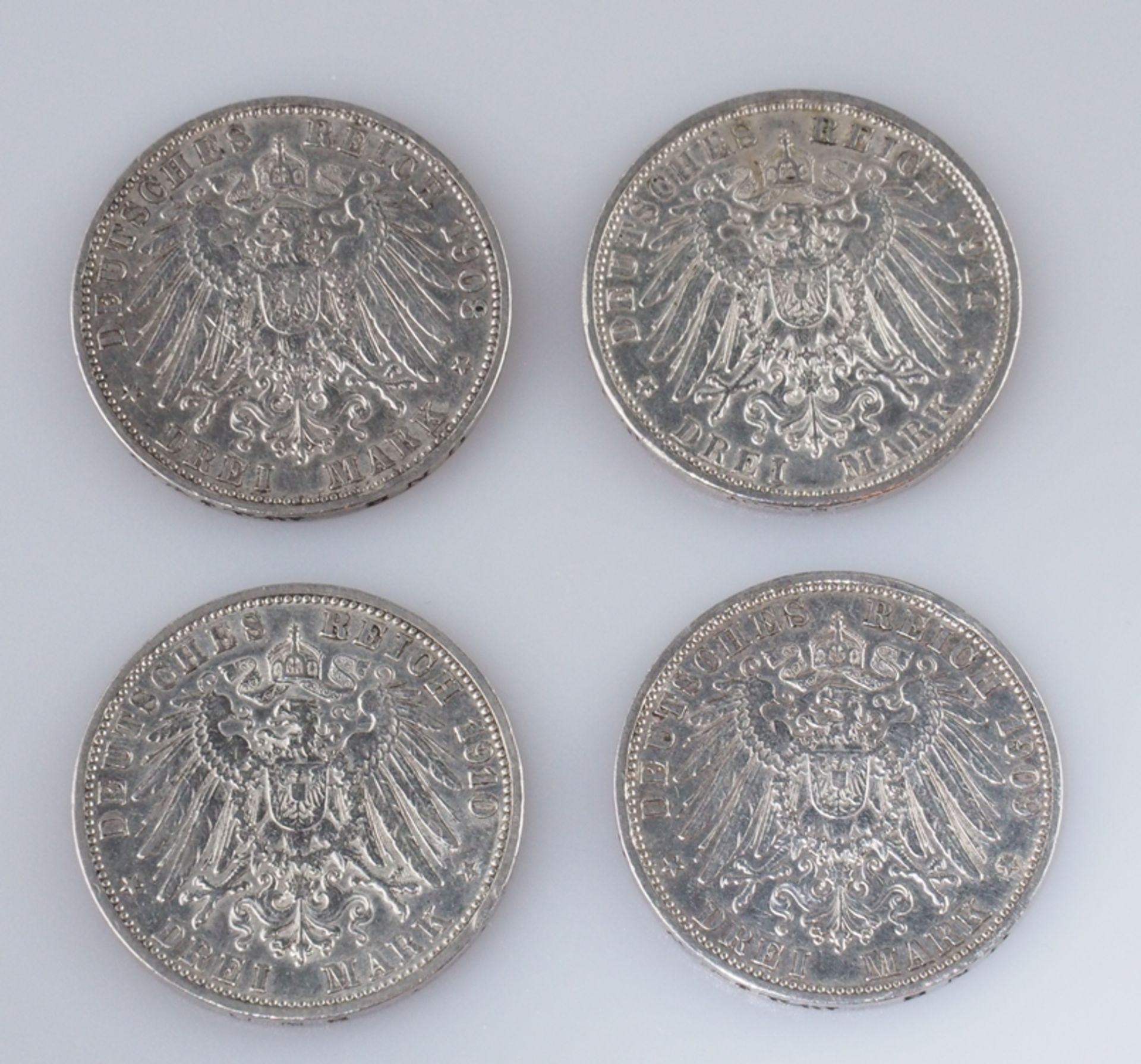 Baden. Drei Mark. Vier Münzen 1908/1909/1910/1911. J 39 - Image 2 of 2