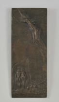 20 Jh. bez. Faller. Relief mit Kreuzigung. Bronze. 22 x 9 cm