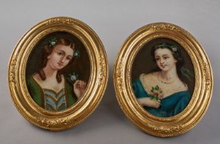 Zwei Mädchenportraits als Pendants. Bombiertes Glas. Oval. 19./20.Jh. 26 x 20 cm