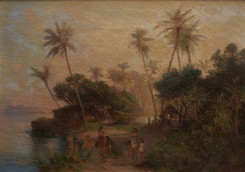 Landschaftsmaler des 19. Jh. Undeutl. sign. Südamerikanische Uferlandschaft mit zahlreichen Einheim