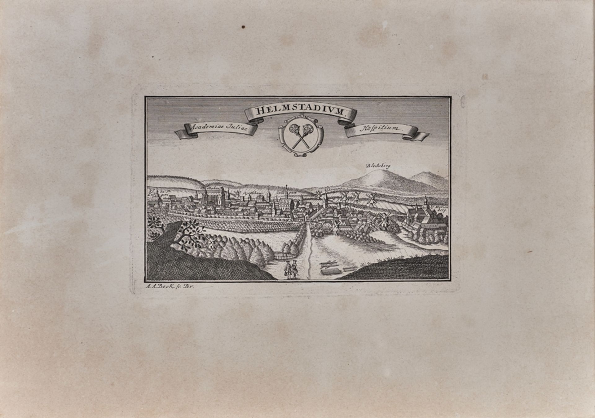 Helmstedt: Kupferstiche Stadtansicht und Juleum. Gestochen von A.A. Beck, Braunschweig um 1740. 15.