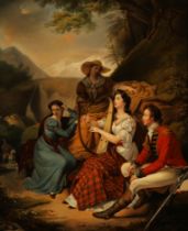 Englischer Maler um 1835. Landpartie in den schottischen Highlands. Junge Dame im weißen Kleid mit